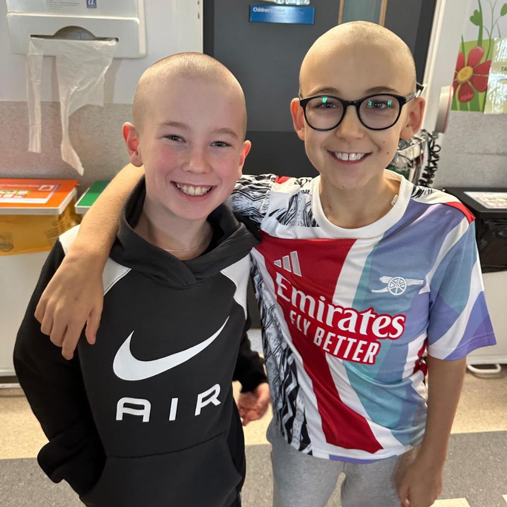 Ezra and Alfie after Alfie shaved his head in support